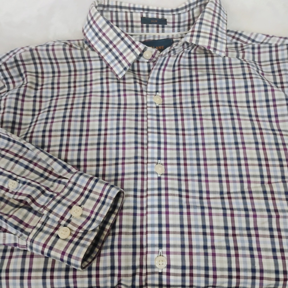 Fairlane Mens Medium Slim Fit Non-Iron Stretch Plaid Button Shirt Purple Blue